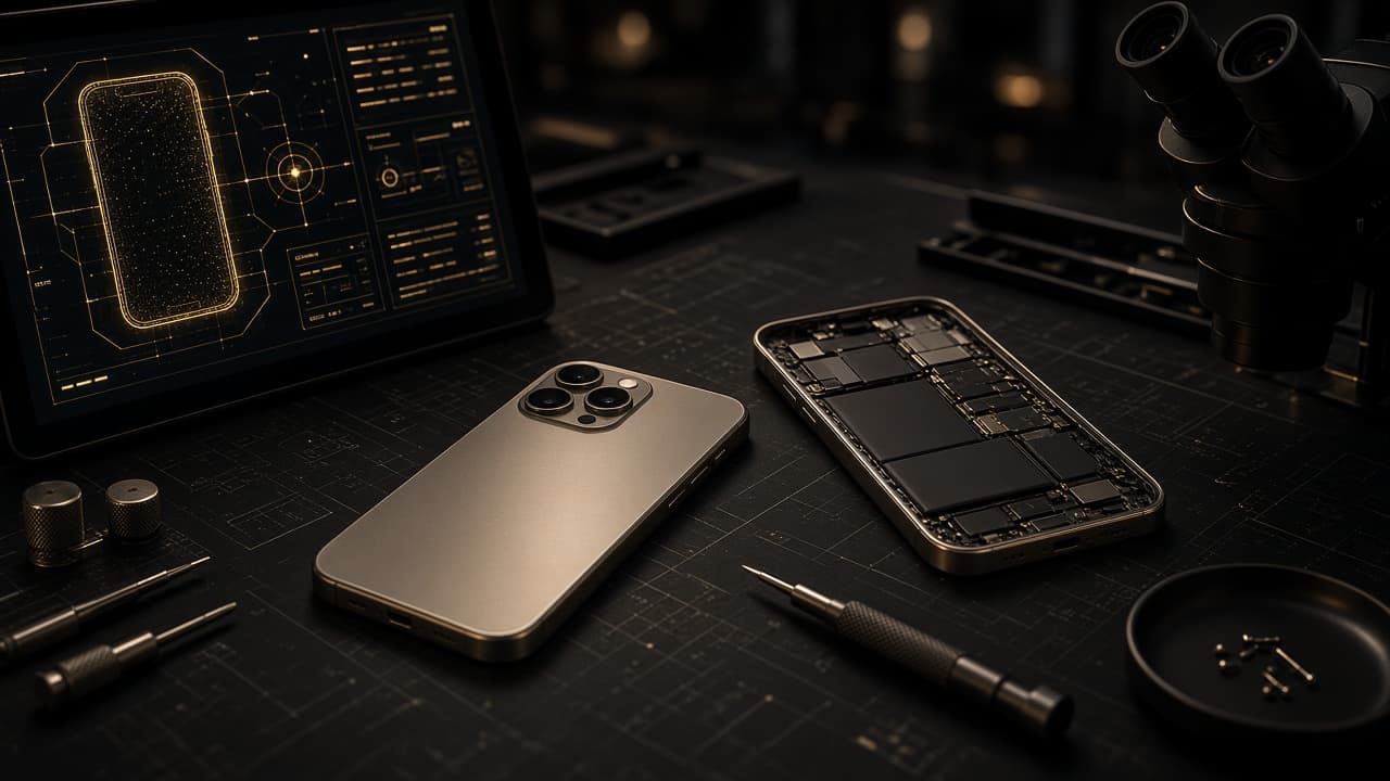 Bancada técnica com smartphones premium preparados para diagnóstico e inspeção.