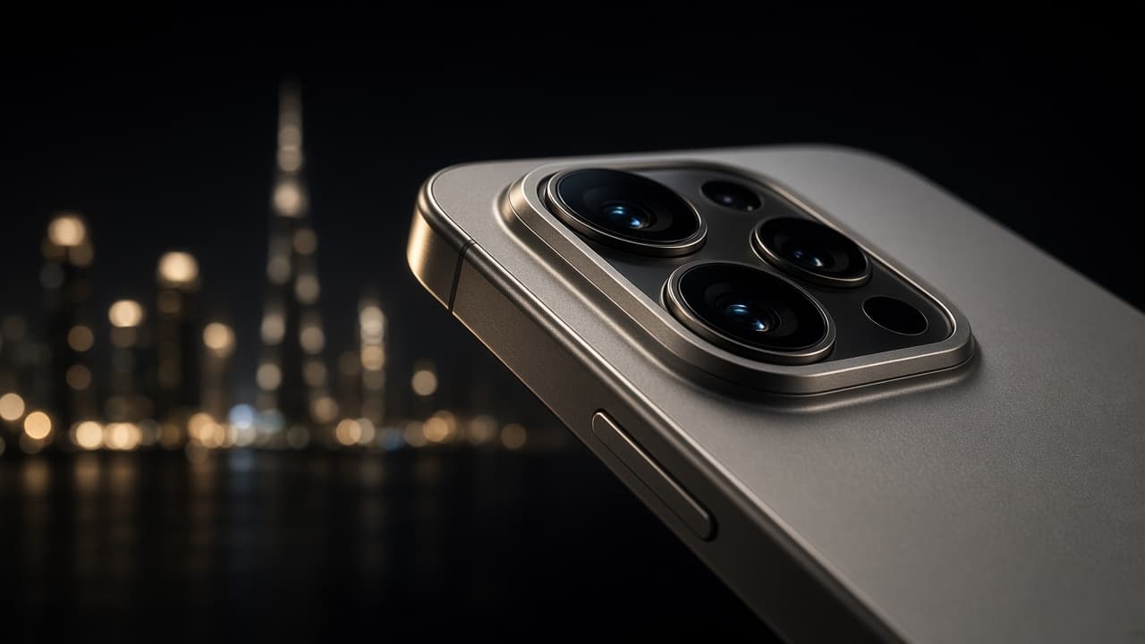 Composição cinematográfica de um smartphone premium com arquitetura titanium escura e atmosfera tecnológica global.